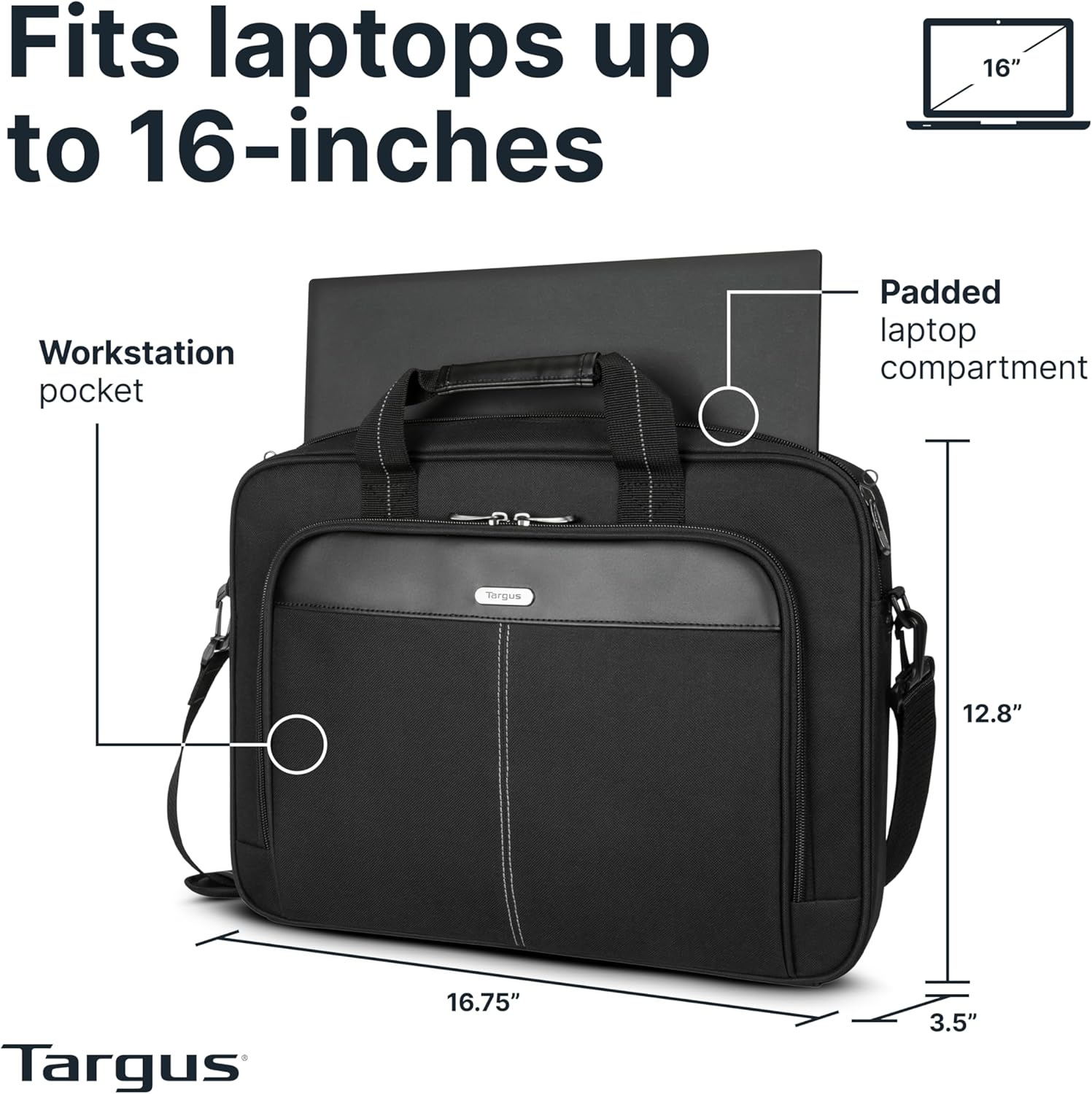 Targus 15-16 Inch Slim Lightweight Laptop Briefcase, Black - Messenger and Shoulder Bag with Padded Compartment and Trolley Strap for 16" Laptops (TCT027US) - Image 3