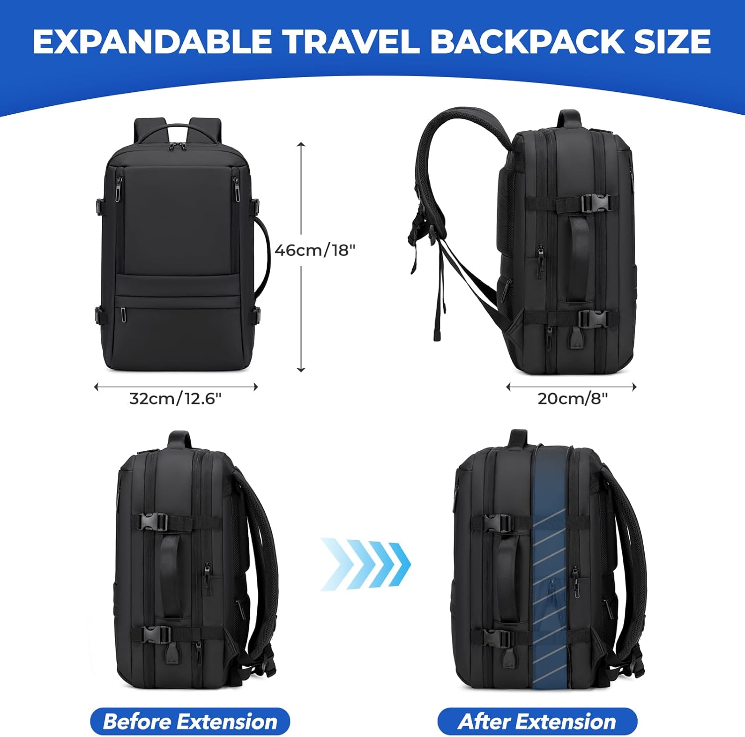 Rcrirth Carry On Travel Backpack for Airplanes | 35L Suitcase Backpack Luggage Business Weekender Bag - Expandable Travel Carry On Flight Approved for Men Women - Black - Image 3