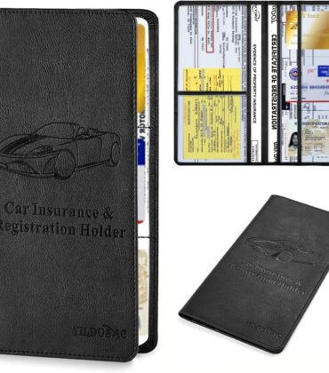 TILDOSAC Leather Car Registration and Insurance Card Holder, Car Document Holder for Cards License with Magnetic Shut (Black, large)